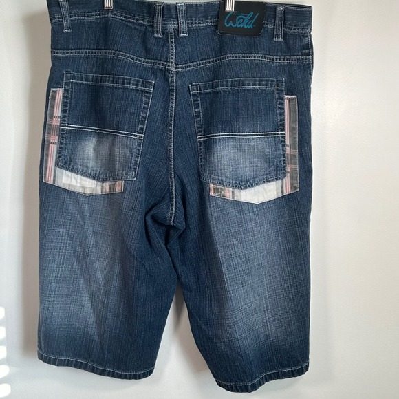 WCKD BRAND Mens Y2K Long Denim Shorts Size 40 Blue Wash Classic Fit Plaid Accent - Picture 8 of 15